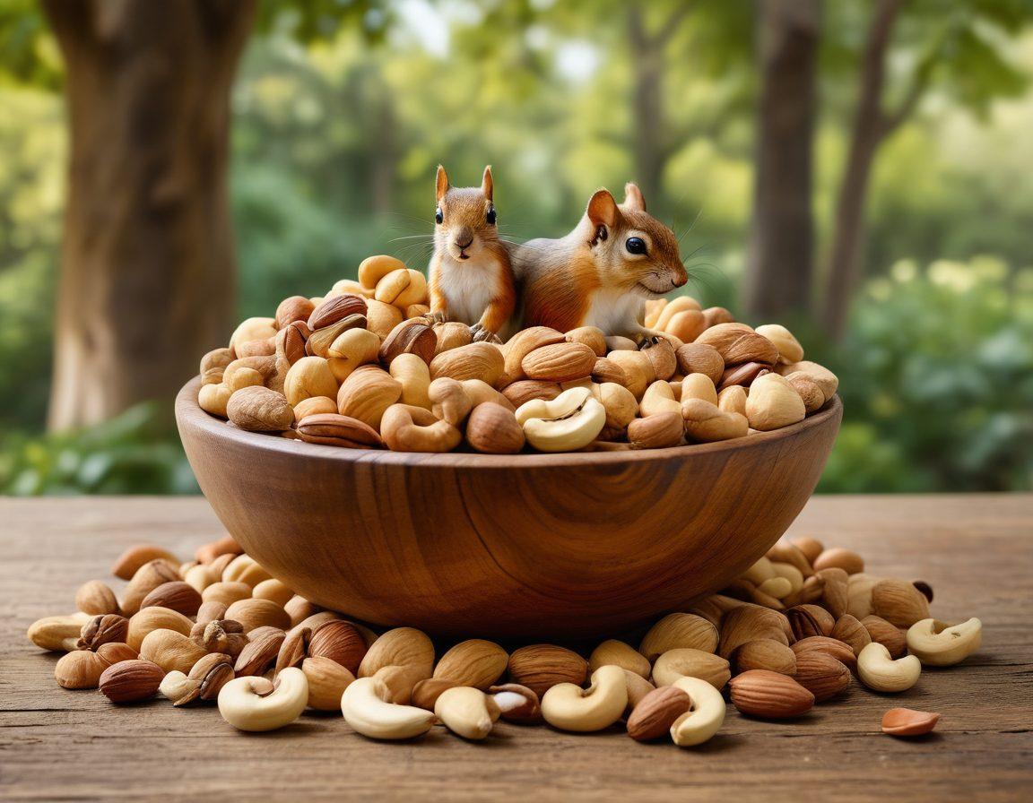 A vibrant and colorful assortment of cashews, walnuts, and other nuts artfully arranged in a rustic wooden bowl, surrounded by playful squirrels cracking nuts open. The background features a sunny woodland setting with lush greenery and dappled sunlight filtering through the trees. The image conveys a sense of joy and nature’s bounty. super-realistic. vibrant colors. nature-inspired.