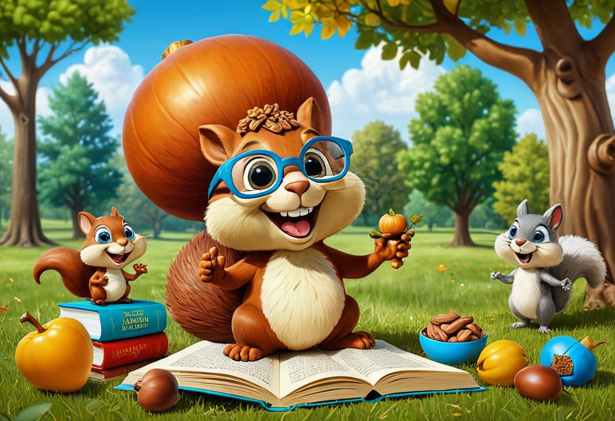 A whimsical landscape featuring a giant acorn wearing glasses, surrounded by smiling cartoon nuts like almonds and walnuts, each holding a joke book. In the background, a playful squirrel laughs, and there's a banner overhead reading 'Nutty Humor'. Bright, cheerful colors with exaggerated expressions. cartoonish style.