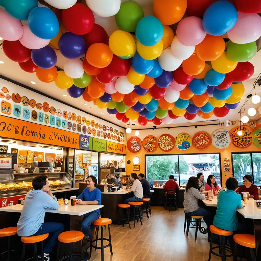 A whimsical scene featuring a diverse group of cartoon characters of various ages enjoying assorted nut snacks while laughing together. The background is a colorful, quirky café filled with nut-themed decorations and humorous comic-style speech bubbles with jokes. Incorporate a playful, lighthearted vibe that emphasizes joy and togetherness. super-realistic. vibrant colors. cartoon style.